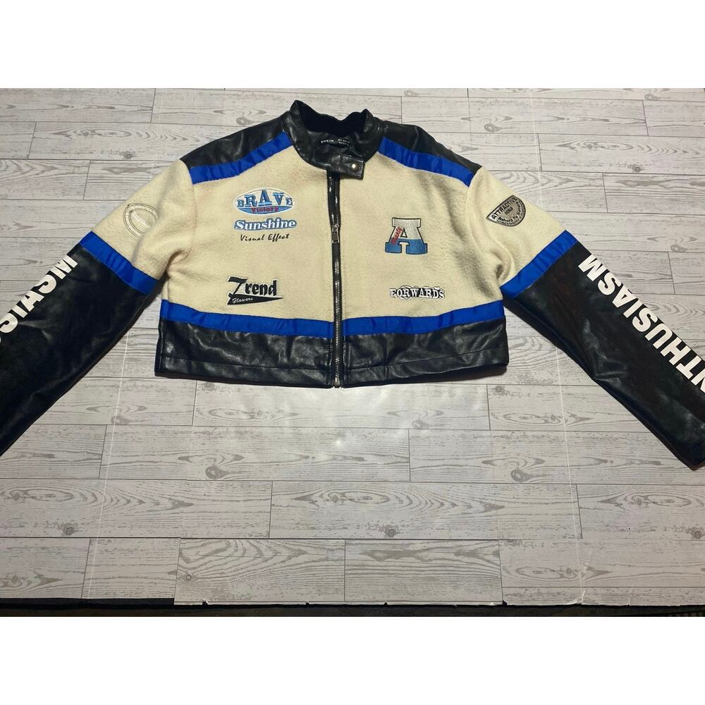 SHEIN Cropped Faux Leather Varsity Jacket Black Cream Blue Sz Small